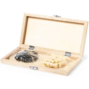 A wooden chess box with a hinged lid, containing black and white chess pieces. The box has a natural finish.