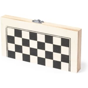 A wooden chess set featuring a black and white checkerboard design. The set has a clasp for storage.