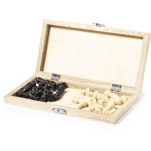 A wooden game box with two sets of chess pieces, one in black and the other in light beige.