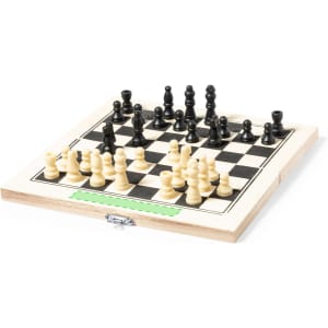 A wooden chess board featuring black and cream pieces, arranged for gameplay. The board has a hinged design.
