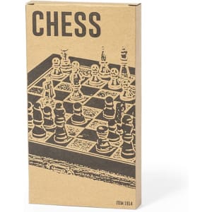 A box of Blitz Chess featuring a chessboard design with black and white pieces. It has a simple, brown packaging.