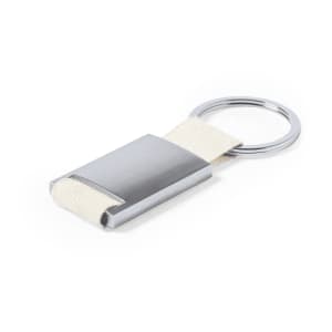 A metal keyring with a silver finish and a beige fabric strap, featuring a circular ring for attachment.