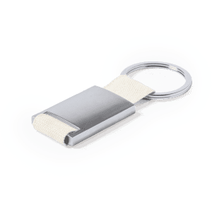 A silver keyring featuring a fabric strap in beige, with a simple metallic design and a circular attachment.