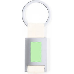 A silver keyring with a rectangular metal tag and a cream-coloured fabric loop. It has a blank area for customisation.