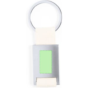 A silver keyring with a rectangular fabric tag in beige and a green area for customisation.