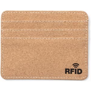 A tan RFID card holder with multiple slots and a logo on the bottom right corner.