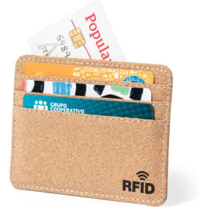 A brown RFID card holder with multiple slots for cards, featuring a branding logo.