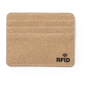 A tan RFID card holder featuring multiple card slots and a logo. Made from a textured material.