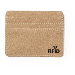 A tan card holder featuring multiple slots and an RFID logo, made from a textured material.