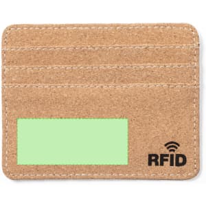 A RFID card holder in a beige colour featuring multiple slots and a smooth surface, with a logo on the side.