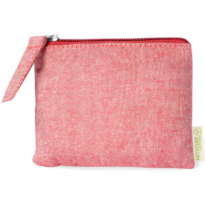A small red purse with a zip closure and a wrist strap, featuring a textured surface and a logo label.