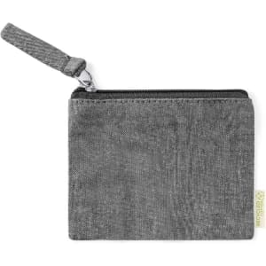 A grey wallet featuring a zip closure and a wrist strap, with a small branding tag on the side.