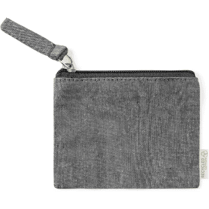A grey pouch wallet with a zip closure and a wrist strap, featuring a small branding label.