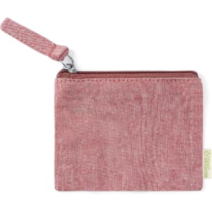 A pink fabric purse with a zip closure and a wrist strap, featuring a small logo on the side.
