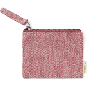 A pink purse made of textured fabric with a zip closure and a handle. It features a logo.