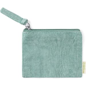 A mint green purse with a zip closure and a small strap. It features a logo on the side.