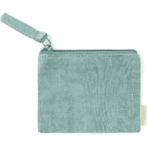 A light blue purse with a zipper and a detachable strap, featuring branding on the side.