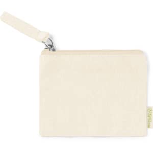 A cream-coloured purse with a zip closure and a wrist strap, featuring a small logo tag.