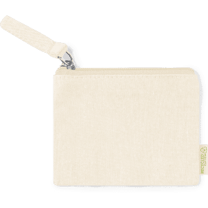 A cream-coloured purse with a zip closure and a wrist strap, featuring a logo on the side.