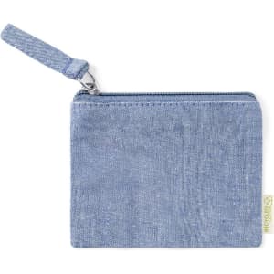 A denim blue purse with a zip closure and a wrist strap, featuring a small logo.