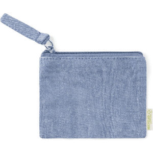 A blue denim purse with a zip closure and a small wrist strap, featuring a logo on the side.