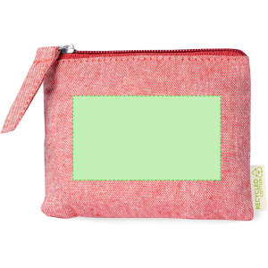 A red denim purse with a green rectangular area and a zip closure, featuring a small tag.
