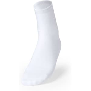 A white sublimation sock with a ribbed cuff and a plain design, featuring a logo.