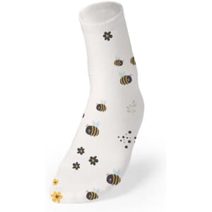 A white sock featuring a bee and floral pattern in black and yellow with green accents, including a logo.