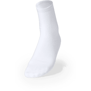 A white sock with a ribbed cuff, showcasing a simple design, featuring a logo on the side.