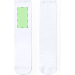 A pair of white socks featuring a blank area for custom design, with a logo present.
