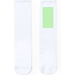 A pair of white sublimation socks with a blank area for printing and a logo on one side.