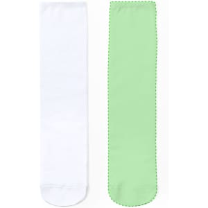 A pair of socks featuring one white sock and one green sock with a decorative edge. The socks have branding.
