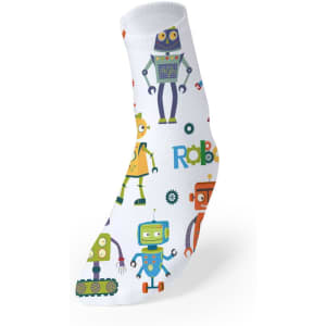 A white sock featuring colourful cartoon robots in various designs and a logo.