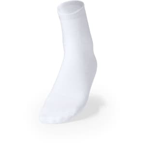 A white sock with a solid, smooth finish, featuring a logo on the cuff.