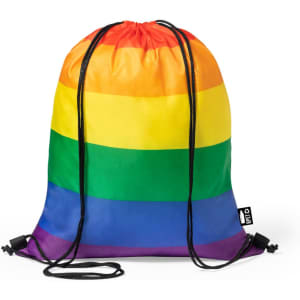 A brightly coloured drawstring bag featuring rainbow stripes, with black cord straps and a logo.