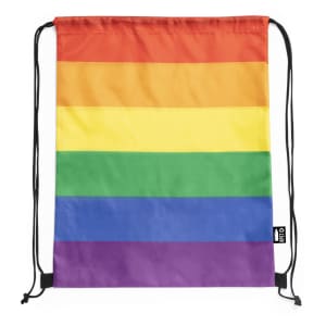 A vibrant drawstring bag featuring rainbow stripes in red, orange, yellow, green, blue, and purple, with black cords.