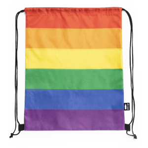 A vibrant drawstring bag featuring horizontal stripes in rainbow colours, with a black accent and logo.