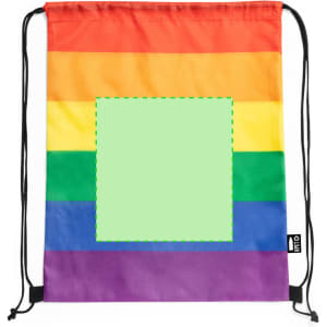A rainbow-striped drawstring bag featuring an empty green square for personalisation. It has black cords for closure.