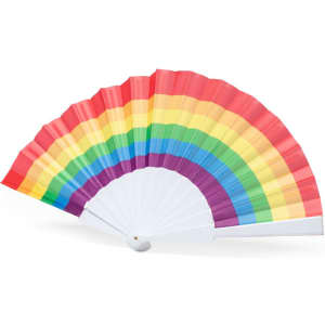 A rainbow-coloured hand fan featuring vibrant stripes in red, orange, yellow, green, blue, and purple, with a white handle.