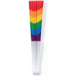 A hand fan featuring a rainbow design with red, orange, yellow, green, blue, and purple stripes, and a white handle.