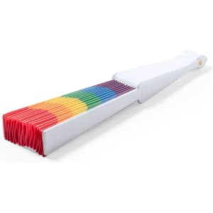 A fan featuring vibrant rainbow colours, with a white handle and a logo on the side.