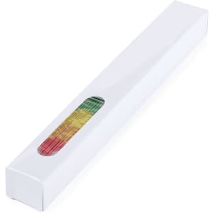 A sleek white box containing a colourful hand fan. The fan features vibrant red, yellow, and green hues.