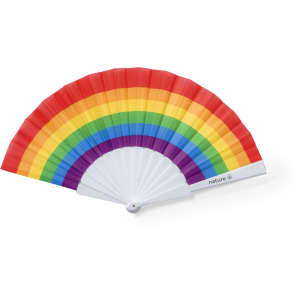 A rainbow-coloured hand fan with a white handle and a logo on it. The fan displays vibrant red, orange, yellow, green, blue, and purple stripes.