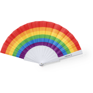 A rainbow-coloured hand fan with vibrant stripes and a white handle, featuring a logo on the handle.
