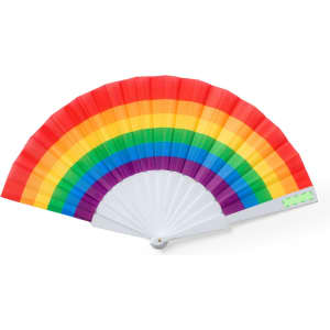 A fan featuring a rainbow pattern in vibrant colours with a white handle and a subtle logo.