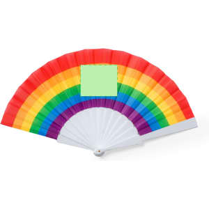 A hand fan featuring a rainbow design with vibrant red, orange, yellow, green, blue, and purple sections. It has a white handle and a blank square area.