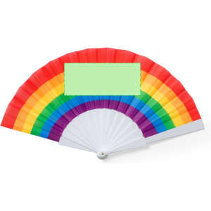 A rainbow hand fan featuring vibrant red, orange, yellow, green, blue, and purple colours with a white handle.