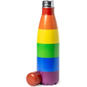 A drink bottle featuring a rainbow-striped design with a silver lid and a brown base.