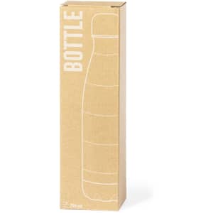 A drink bottle in a cylindrical shape, presented in a plain cardboard box with a logo. The bottle is grey or silver.