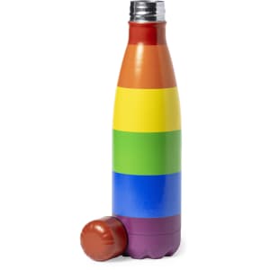 A drink bottle with a vibrant rainbow stripe design and a brown cap. It features a metallic silver top and a logo.